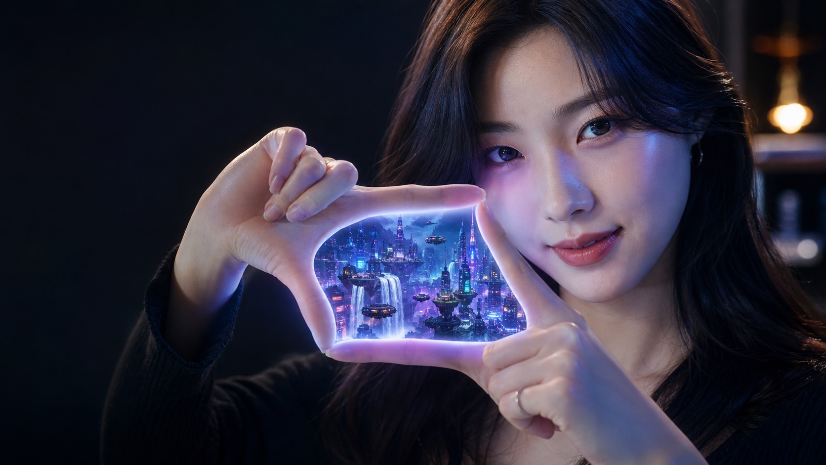 두 손으로 만든 프레임 안에 빛나는 미래 도시가 보이는 크리에이터